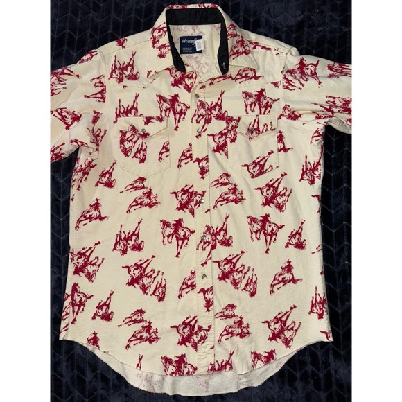 VTG Wrangler Mens Western Snap Shirt Aztec Horse Print X Long Tails Sz 16 - Picture 2 of 11